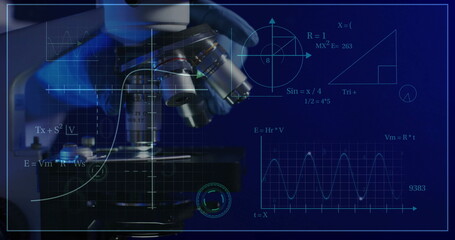 Image of scientific data processing over microscope in laboratory