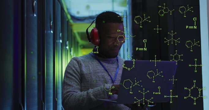 Image of scientific data processing over african american male it technician by servers