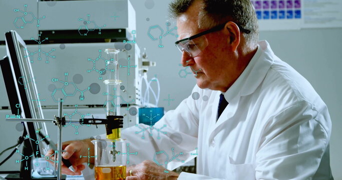 Image of scientific data processing over caucasian male scientist in laboratory