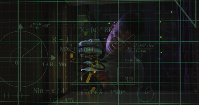 Image of scientific data processing over african american male it technician by servers