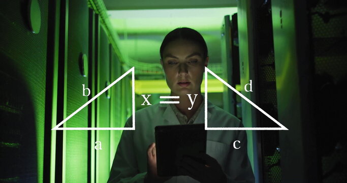 Image of scientific data processing over caucasian female it technician by servers