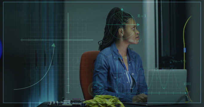 Image of scientific data processing over biracial businesswoman using laptop