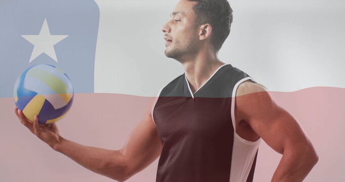 Image of flag of chile over biracial male volleyball player - Powered by Adobe