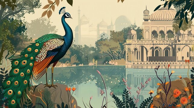Traditional Mughal Forest Garden with Peacock and Palace: Illustration for Wallpaper