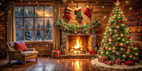 Fototapeta premium Cozy Christmas cabin with decorated tree, stockings by fireplace, snow falling outside warm holiday atmosphere , Cozy, Christmas