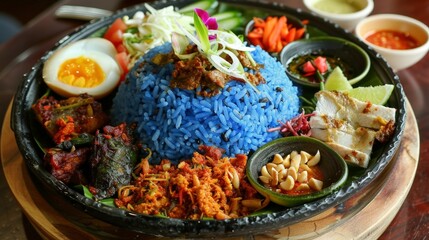 Nasi kerabu is a Malay rice dish featuring blue rice, served with herbs, vegetables, salted egg, and condiments like sambal and kerisik