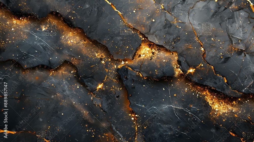 Wall mural Black marble texture background with golden veins