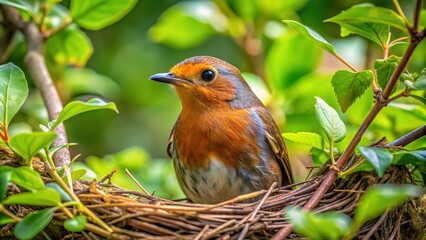 Fototapeta premium A robin in its nest surrounded by twigs and leaves , bird, wildlife, nature, peaceful, spring, eggs, feathers, sunlight, cozy