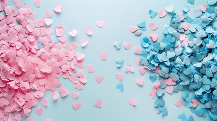 Gender reveal idea with heart shaped confetti on pink and blue backdrop