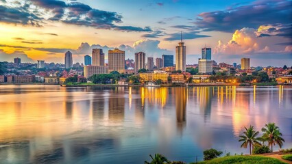 Panoramic view of Kampala city skyline over Lake Victoria at sunset , Africa, Uganda, urban, skyline, cityscape, buildings
