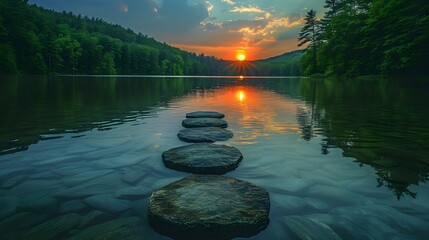 Serene evening lake background with still waters reflections