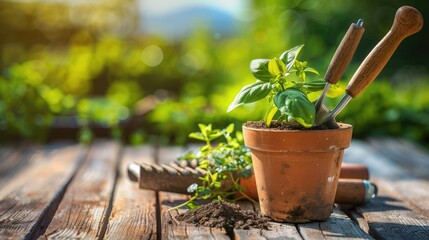 Gardening tools next to potted plant on wood table