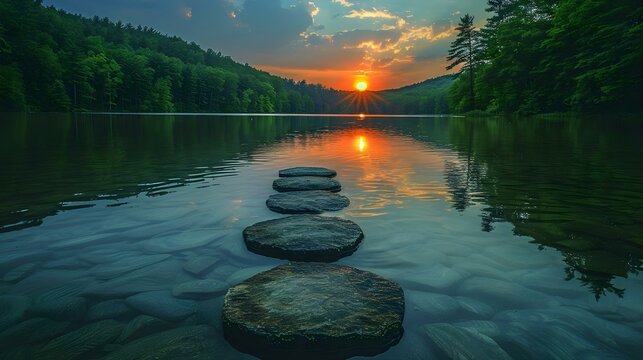 Serene evening lake background with still waters reflections