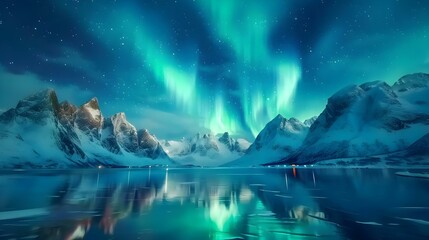 Naklejka premium Aurora borealis on the Lofoten islands, Norway at night