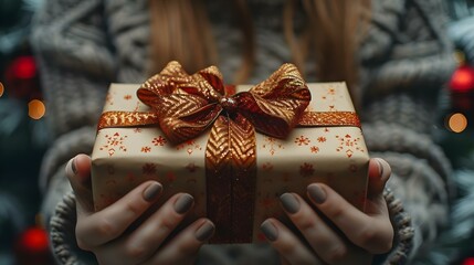 Woman tying a bow on a gift box - needlework