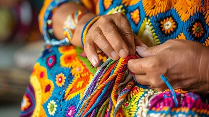 Colombian people making traditional Wayuu bags