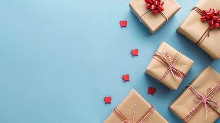 Gift boxes arranged on blue background for greeting card text space