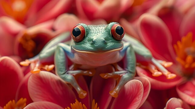 Flying frog on red flower - beautiful tree frog