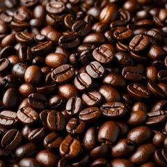 Scattered coffee beans on black background. Generative Ai.