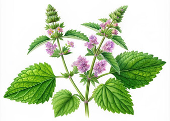 Peppermint Plant with Flowers on white background.