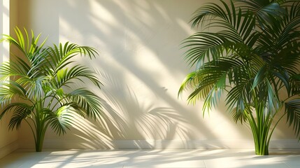 Palm leaf shadows on white wall and cream pastel floor
