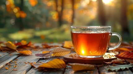 Autumn warming tea on a wooden table with autumn tree leaves