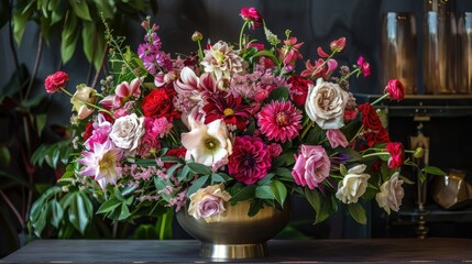 Elegant flower arrangement in a metallic vase with pink red and white flowers