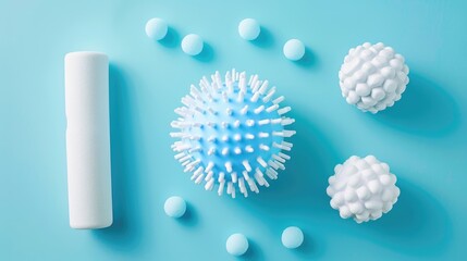 Equipment for myofascial release balls hand massager and foam roller displayed on a blue background