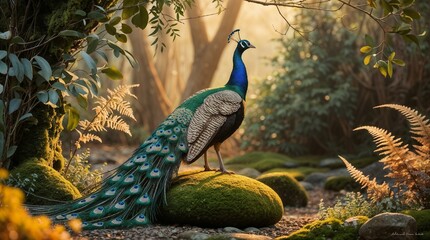 Obraz premium Majestic Peacock in Tranquil Forest Landscape