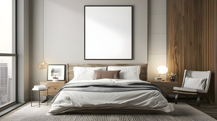 A minimalist bedroom with a white frame above the bed, featuring modern decor and neutral tones