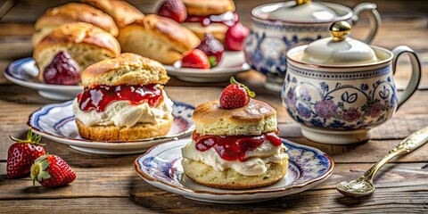 Fototapeta premium Delicious scones with clotted cream and strawberry jam on a vintage tea set, scones, clotted cream