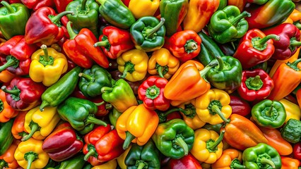 Colorful pile of peppers with green stems, peppers, vegetables, colors, red, orange, yellow, green, fresh, healthy, vibrant