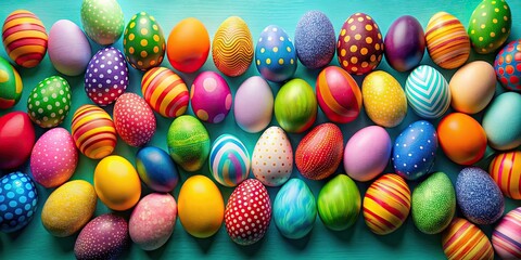 Fototapeta premium Colorful Easter eggs arranged on a vibrant backdrop, Easter, eggs, holiday, celebration, decorations, spring, colorful