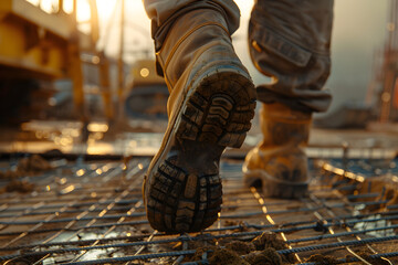 Worker walking on metal platform boots