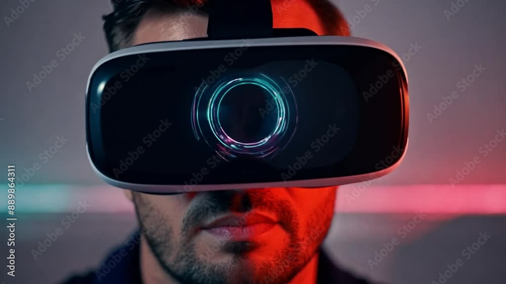 Poster A man wearing a virtual reality headset looks ahead with a focused expression. His face is illuminated by red and green lights.