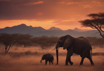 Fototapeta premium An elephant silhouetted against a breathtaking African sunset, with distant mountains 