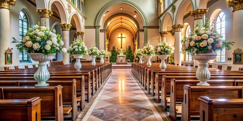 Obraz premium Empty church decorated with flowers for a ceremony, church, flowers, ceremony, decoration, event