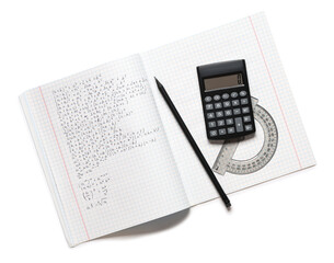 Copybook with handwritten maths formulas, calculator, pencil and ruler isolated on white background