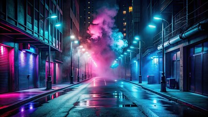 Obraz premium Dark empty street with neon lights, spotlights, and smoke floating in the air , night, dark, empty, street, blue