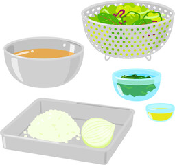 ボウルや笊に入れた食材、下ごしらえ