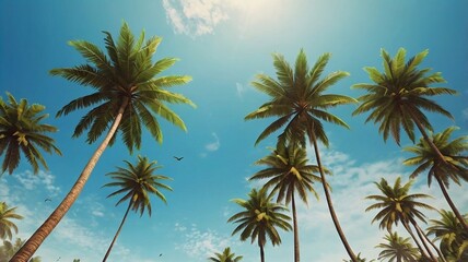 summer landscape of blue sky and palm trees. beautiful view from below. generative ai