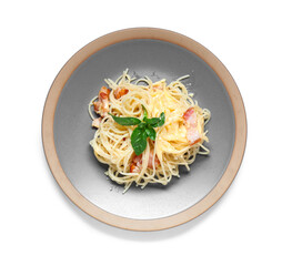 Plate with tasty pasta carbonara on white background