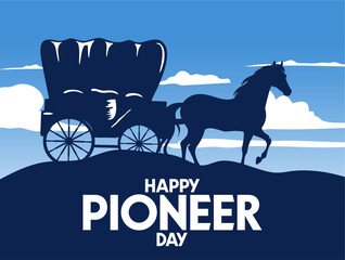 happy pioneer day with horse caravan silhouette