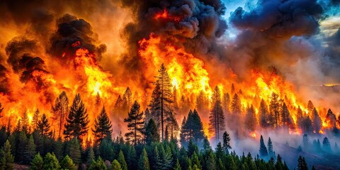 Fototapeta premium Dramatic image of forest fires burning out of control, wildfire, flames, destruction, power, nature, disaster, inferno