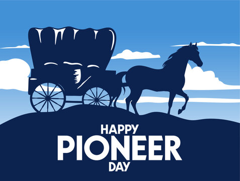 happy pioneer day with horse caravan silhouette