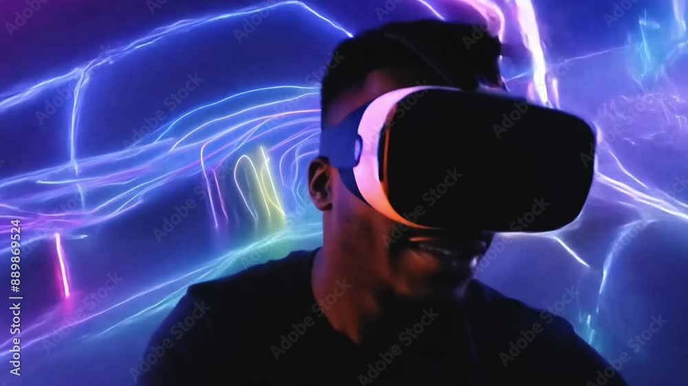 Poster a man wearing a virtual reality headset stands in front of neon lights, experiencing the world of vi
