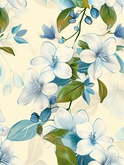 Fototapeta premium Elegant Floral Pattern with White and Blue Flowers Beautiful seamless pattern featuring elegant white and blue flowers with green leaves on a light background, perfect for textiles and wallpapers.