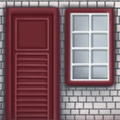 Illustration of red wooden doors and windows and white brick walls with a unique illustration style.