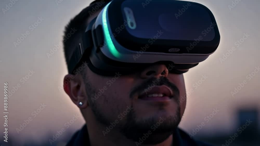 Aufkleber a man with a beard looks up into a virtual reality headset while standing outdoors.