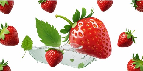 strawberries in a splash of water on a white background